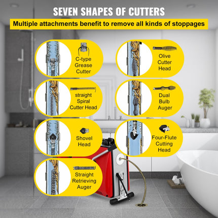 VEVOR Buisreinigingsmachine 390 W Buisreinigingsapparaat 400 Tpm Afvoerreiniger Buisreinigingsmachine met Snel Vervangbare Koppen, Vooruit en Achteruit Schakelaar Geschikt voor Buizen van 20-100 mm