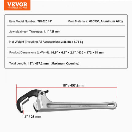 VEVOR aluminium rechte pijpsleutel 457 mm automatische kaakaanpassing 60CRV kaak