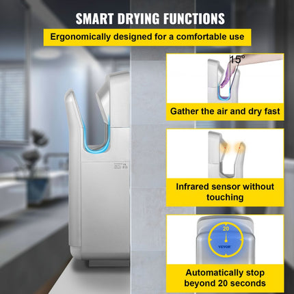 VEVOR Verticale Handdroger 2 kW Jet Handdroger HEPA-filtratie Jet Droger Gemaakt van Duurzaam en Waterdicht ABS-materiaal met 8-10 Seconden