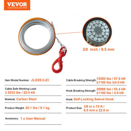 VEVOR Gegalvaniseerde stalen lierkabel 3/8" x 75ft 15.200lbs Breeksterkte Draadlierkabel met draaibare haak Sleepkabel Heavy Duty Universal Fit voor SUV Grote ATV Truck