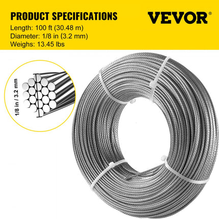 VEVOR T316 roestvrijstalen kabel 1/8 inch 1x19 staaldraadkabel 30,5 m kabelrailing roestvrijstalen kabel voor reling over vliegtuigen (1x19)