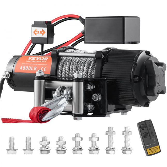 VEVOR Elektrische Lier 12V Winch 4500lbs/2041kg Offroad Motor Lierkabel Elektrische Lier Staalkabel met bedrade afstandsbediening Zwart Ideaal voor