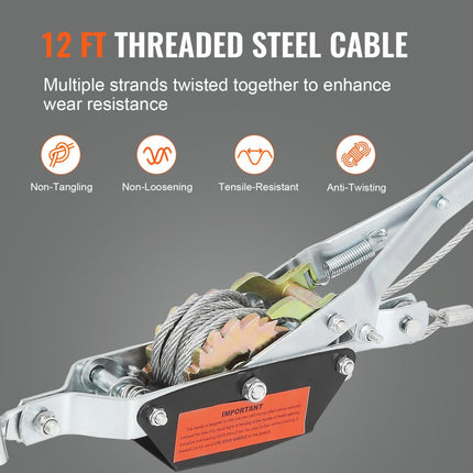 VEVOR-handhefboomtouw, trekvermogen van 2 ton (4,409 lbs), staalkabel van 3,7 m (12 ft), 2 haken, kabeltakels met dubbele versnelling, auto-katrol, ideaal voor voertuigredding