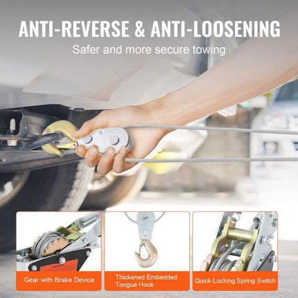 VEVOR-handhefboomtouw, trekvermogen van 2 ton (4,409 lbs), staalkabel van 3,7 m (12 ft), 2 haken, kabeltakels met dubbele versnelling, auto-katrol, ideaal voor voertuigredding