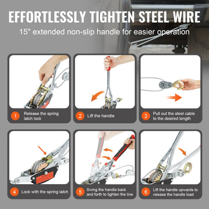 VEVOR-handhefboomtouw, trekvermogen van 2 ton (4,409 lbs), staalkabel van 3,7 m (12 ft), 2 haken, kabeltakels met dubbele versnelling, auto-katrol, ideaal voor voertuigredding