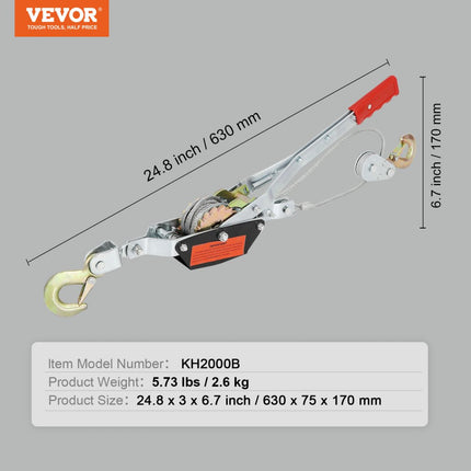 VEVOR-handhefboomtouw, trekvermogen van 2 ton (4,409 lbs), staalkabel van 3,7 m (12 ft), 2 haken, kabeltakels met dubbele versnelling, auto-katrol, ideaal voor voertuigredding