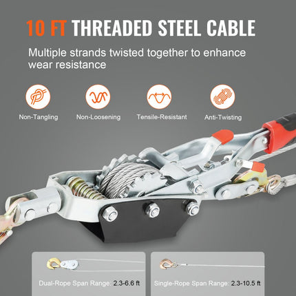 VEVOR liertrekker, 4 ton (8.818 lbs) trekvermogen, 10ft (3m) staalkabel, 3 haken, heavy duty dual-speed rateltrekker, auto-takelkabeltrekker, ideaal voor voertuigredding