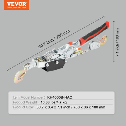 VEVOR liertrekker, 4 ton (8.818 lbs) trekvermogen, 10ft (3m) staalkabel, 3 haken, heavy duty dual-speed rateltrekker, auto-takelkabeltrekker, ideaal voor voertuigredding