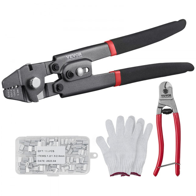 VEVOR Krimptang Terminal Tang 0.1-2.2mm Wire Rope Crimping Tool Fishing Wire Crimping Tool met 160 aluminium adereindhulzen Wire Rope Crimping Tool Set, 2 in 1 Wire Rope Crimping Tool for Crimping 4 Jaw Size