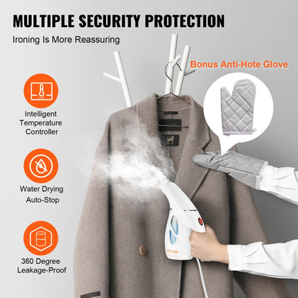 VEVOR Draagbare stoomboot Stoomstrijkijzer 900 W reisstrijkijzer 180 ml maximale bruikbare capaciteit, stoomboot geen strijkplank nodig, witte stoomboot met anti-hittehandschoenen en snoer van 145,76 cm