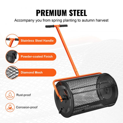 VEVOR Compoststrooier van staal Turfmosstrooier 1,27x2cm gaasmand Tuingazonstrooier Handgreeplengte verstelbaar van 62 tot 67,5cm 61cm metalen gaasmand Ideaal voor kunstmest zoals compostmestgrond veenmos