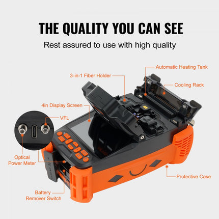 VEVOR glasvezellasmachine 4 motoren fusielasmachine vezeldiameter 125-150μm (mantel) 250-1000μm (coating) smeltverlies van 0,02 dB(SM) Geschikt voor SM MM DS NZDS UI BUI EDF vezels