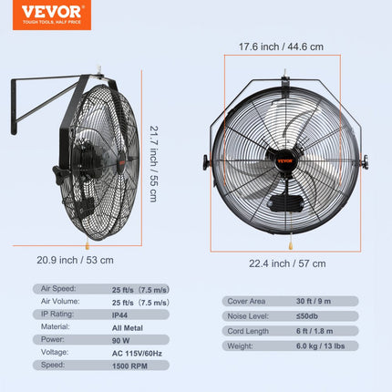 VEVOR wandventilator 57 cm waterdichte oscillerende wandventilator 3 snelheden 4150 CFM commerciële woonventilator voor koeling magazijn kas werkplaats terras zwart