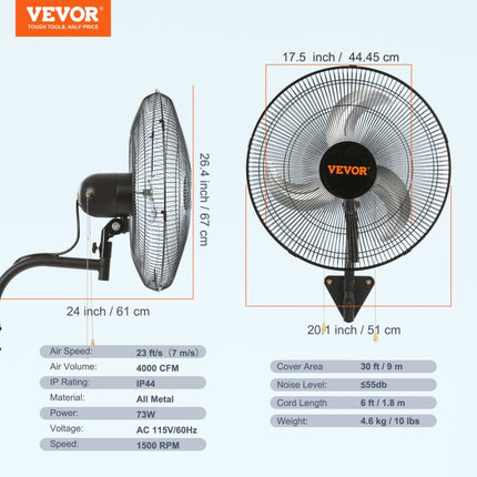 VEVOR wandventilator, 17,5" wandventilator 4000 CFM 3 snelheden residentiële en commerciële ventilator voor het koelen van magazijnen, kassen, werkplaatsen, patio's en kelders, zwart
