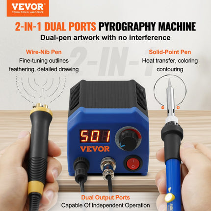VEVOR Professioneel houtbrandergereedschap pyrografie, pyrografieset met dubbele pen en pyrografieapparaat met dubbele aansluiting, pyrografiemachineset, pyrografiestation inclusief pyrografiezuigers met 23 draadpunten