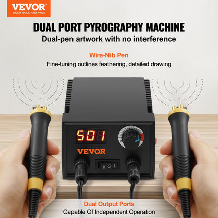 VEVOR Professioneel houtbrandergereedschap pyrografie, pyrografieset met dubbele pen en dubbele aansluiting, pyrografiemachineset, pyrografiestation inclusief digitaal display pyrografiezuiger