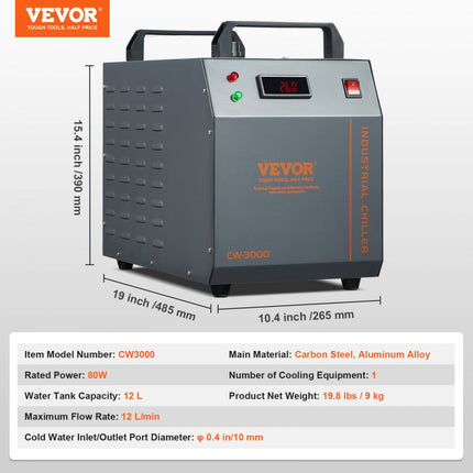 VEVOR Industriële Water Chiller CW-3000 80W Luchtgekoeld Industrieel Water Chiller Koelsysteem met 12L Watertank Capaciteit 12L/min Max. Debiet voor Lasergraveermachine Koelmachine