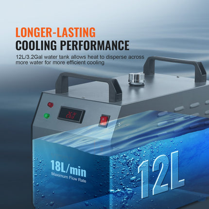 VEVOR Industriële waterkoeler, CW-3000 (PRO), 150 W luchtgekoeld industrieel waterkoeler-koelsysteem met 12 liter watertank, 18 l/min max. stroomsnelheid, voor lasergraveermachine Koelmachine