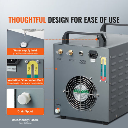 VEVOR Industriële waterkoeler, CW-3000 (PRO), 150 W luchtgekoeld industrieel waterkoeler-koelsysteem met 12 liter watertank, 18 l/min max. stroomsnelheid, voor lasergraveermachine Koelmachine