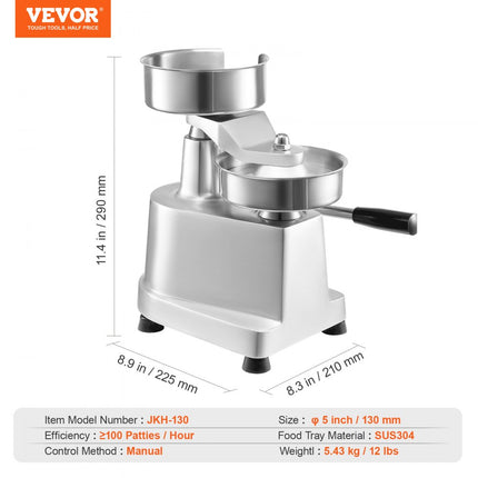 VEVOR Commerciële Burger Patty Maker 13cm Hamburger Beef Patty Maker Heavy Duty Food Grade RVS Burger Press Keuken Vlees Shaper