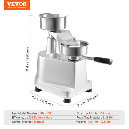 VEVOR Commerciële Burger Patty Maker, 100 mm / 4 "Hamburger Beef Patty Maker, Heavy Duty Food Grade roestvrijstalen kom Burger Press, Keukenvleesvormmachine met 1000 stuks Patty Papi