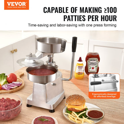 VEVOR Commerciële Burger Patty Maker, 150 mm / 6" Hamburger Beef Patty Maker, Heavy Duty Food Grade roestvrijstalen kom Burgerpers, Keukenvleesvormmachine met 1000 stuks Patty Papi