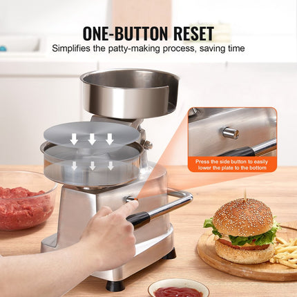 VEVOR Commerciële Burger Patty Maker, 150 mm / 6" Hamburger Beef Patty Maker, Heavy Duty Food Grade roestvrijstalen kom Burgerpers, Keukenvleesvormmachine met 1000 stuks Patty Papi