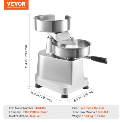 VEVOR Commerciële Burger Patty Maker, 150 mm / 6" Hamburger Beef Patty Maker, Heavy Duty Food Grade roestvrijstalen kom Burgerpers, Keukenvleesvormmachine met 1000 stuks Patty Papi
