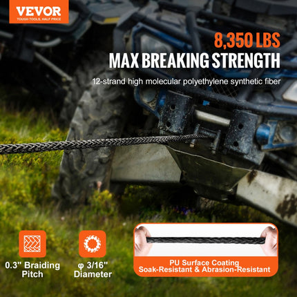 VEVOR kunststof touw 4,8 mm x 15,2 m lier synthetisch touw gemaakt van 12 strengen polyethyleenvezels met hoog molecuulgewicht Lierkabel Powerline ideaal voor het trekken van ATV's UTV's auto's, SUV's en grote terreinwagens