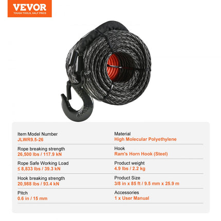 VEVOR Synthetische lierkabel, 3/8" x 85ft, 26.500 lbs Synthetische lierkabelkabel met beschermhoes + gesmede lierhaak + trekkoord, universeel geschikt voor SUV, grote off-road