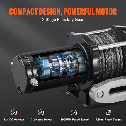VEVOR Elektrische Lier 12V Winch 4500lbs/2041kg Offroad Motor Lier Kabel Elektrische Lier Nylon Touw met Draadloze Afstandsbediening Zwart Ideaal voor