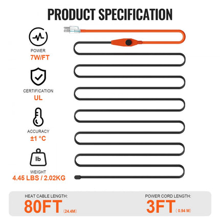 VEVOR verwarmingskabel 25m 23W/m verwarmingskabel vorstbeveiliging met ingebouwde thermostaat