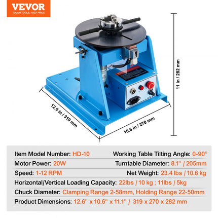 VEVOR lasdraaitafel 20 W laspositioneerder 1-12 rpm manipulator 10 kg (horizontaal)/5 kg (verticaal) draaitafel 0-90° kantelhoek K01-63 drieklauwplaat voor snijden, slijpen, monteren