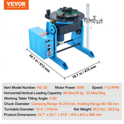 VEVOR Draaitafel voor lassen 80 W Laspositioneerder 1-12 RPM Manipulator 30 kg (horizontaal)/15 kg (verticaal) Draaitafel 0-90 ° Kantelhoek KD200 Drieklauwplaat voor snijden, slijpen, monteren