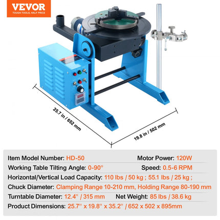 VEVOR Draaitafel voor lassen 120 W Laspositioneerder 0,5-6 RPM Manipulator 25 kg (horizontaal)/50 kg (verticaal) Draaitafel 0-90 ° Kantelhoek KD200 Drieklauwplaat voor snijden, slijpen, monteren