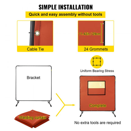 VEVOR Lasgordijn 1,83x1,83 m Lasscherm Frame Rood Vlamvertragend Lasgordijn van Glasvezel en Koolstofstaal Geschikt voor Laswerkplaatsen Auto-inspecties Scheepswerven en Andere Industriële Plaatsen