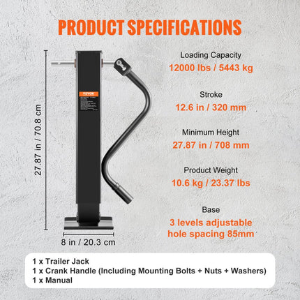 VEVOR aanhangerkrik tot 5443 kg aanhangersteun reiskar draaisteun met ergonomische handgreep autokrik van koolstofstaal met roestwerende coating aanhangerkrikstandaard in hoogte verstelbaar
