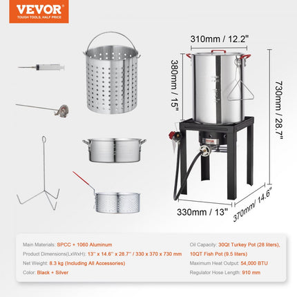 VEVOR Kalkoenfriteuse, 30-Quart kalkoen- en 10-Quart visstoomset, aluminium frituurpan voor buiten, propaangasketel met 54.000 BTU-brander, inclusief manden, geperforeerd gevogelterek
