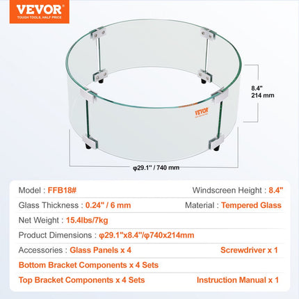 VEVOR Vuurplaats Windscherm 740x214mm Rond Glazen Vlamscherm 6mm Dik Vuurtafel Accessoires Transparant Gehard Glas Vlamscherm voor Propaangas Buitenterras Achtertuin