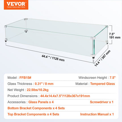 VEVOR Glazen windscherm voor rechthoekige vuurplaatstafel 1128 x 367 x 191 mm, 8 mm dik en stevig paneel van gehard glas met harde aluminium hoekbeugel en rubberen voetjes, eenvoudig te monteren