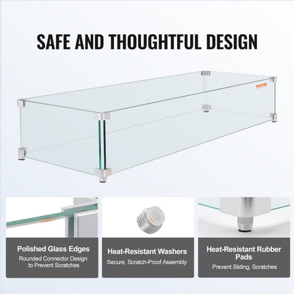 VEVOR gashaard windscherm voor vierkante vuurtafel 595 x 190 x 165 mm vuurplaats windscherm 8 mm dik vierkant glazen scherm glazen blad met harde hoekbeugel en voeten