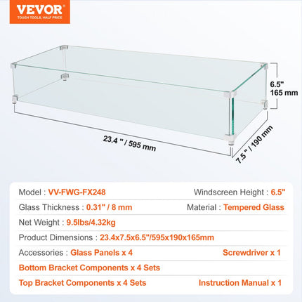 VEVOR gashaard windscherm voor vierkante vuurtafel 595 x 190 x 165 mm vuurplaats windscherm 8 mm dik vierkant glazen scherm glazen blad met harde hoekbeugel en voeten
