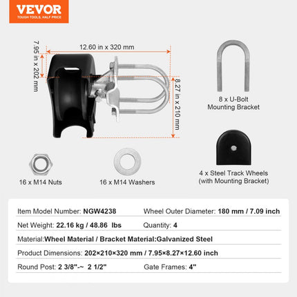 VEVOR Schuifpoortset met U-vormige groef, 4 railwielen/vrijdragende afdekking