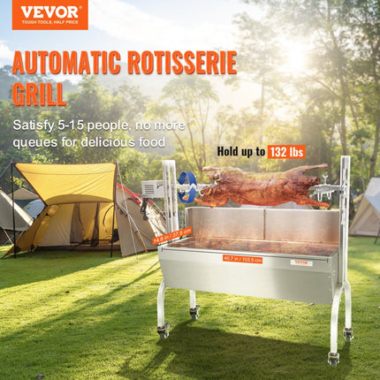 VEVOR speenvarkensgrill lamsgrill 117 cm, 60 kg RVS rotisserie 4-traps in hoogte verstelbaar, 50 W 2 in 1 BBQ rotisserie grill incl. kruidenpot & reinigingsborstel & handvat elektrische grill met baffle