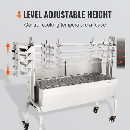 VEVOR speenvarkensgrill lamsgrill 117 cm, 60 kg RVS rotisserie 4-traps in hoogte verstelbaar, 50 W 2 in 1 BBQ rotisserie grill incl. kruidenpot & reinigingsborstel & handvat elektrische grill met baffle