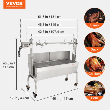 VEVOR speenvarkensgrill lamsgrill 117 cm, 60 kg RVS rotisserie 4-traps in hoogte verstelbaar, 50 W 2 in 1 BBQ rotisserie grill incl. kruidenpot & reinigingsborstel & handvat elektrische grill met baffle