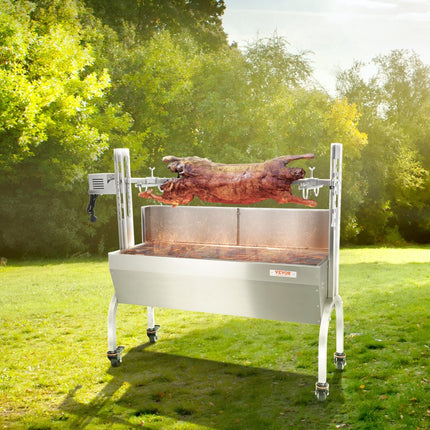 VEVOR speenvarkensgrill lamsgrill 117 cm, 60 kg RVS rotisserie 4-traps in hoogte verstelbaar, 50 W 2 in 1 BBQ rotisserie grill incl. kruidenpot & reinigingsborstel & handvat elektrische grill met baffle