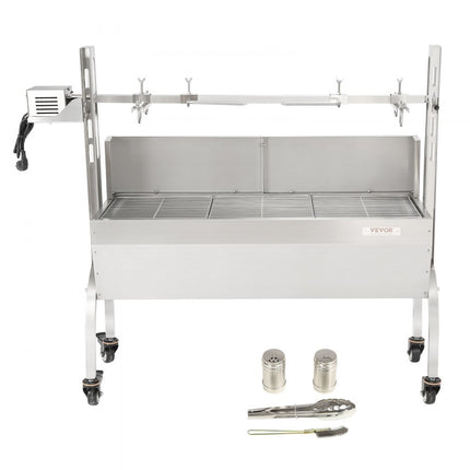 VEVOR speenvarkensgrill lamsgrill 117 cm, 60 kg RVS rotisserie 4-traps in hoogte verstelbaar, 50 W 2 in 1 BBQ rotisserie grill incl. kruidenpot & reinigingsborstel & handvat elektrische grill met baffle