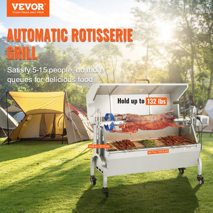 VEVOR speenvarkensgrill lamsgrill 117 cm, 60 kg RVS rotisserie in hoogte verstelbaar in 4 niveaus, 50 W 2 in 1 BBQ rotisserie grill incl. kruidenpotje & reinigingsborstel & handvat elektrische grill met deksel