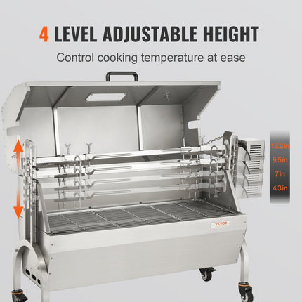 VEVOR speenvarkensgrill lamsgrill 117 cm, 60 kg RVS rotisserie in hoogte verstelbaar in 4 niveaus, 50 W 2 in 1 BBQ rotisserie grill incl. kruidenpotje & reinigingsborstel & handvat elektrische grill met deksel